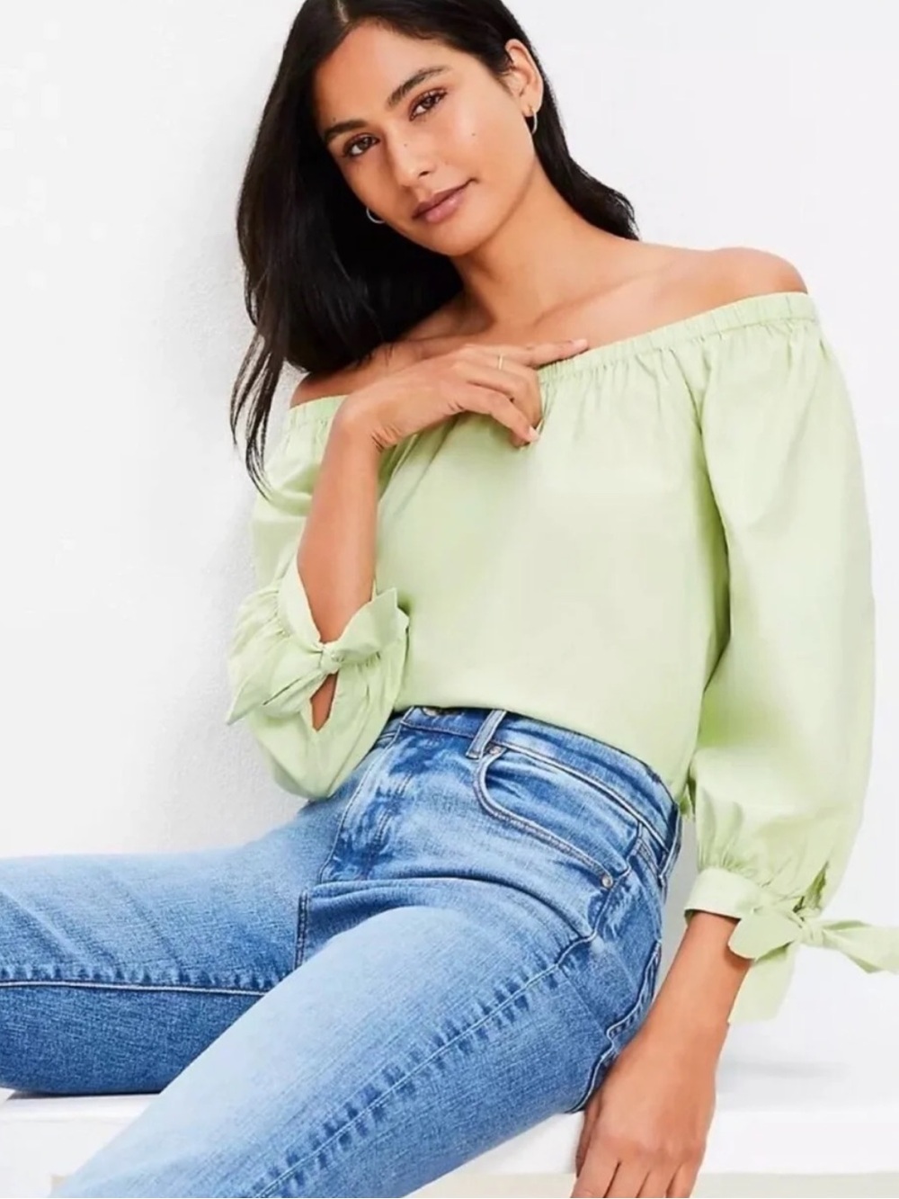 Ann Taylor LOFT Off-Shoulder Tie-Sleeve Top size Large Pale Green Cotton Modal